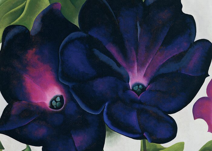 O'keefe-black And Purple Petunias Greeting Card featuring the mixed media O'keefe-black And Purple Petunias by Portfolio Arts Group