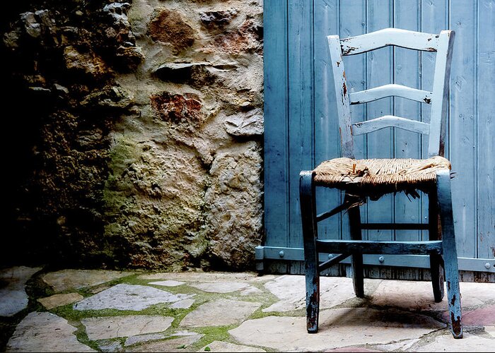 Damaged Greeting Card featuring the photograph Old Blue Wooden Caned Seat Chair At by Alexandre Fp