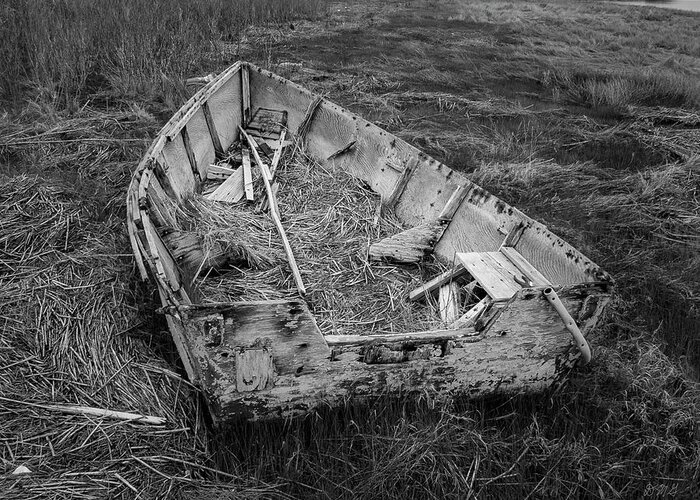 Aground Greeting Card featuring the photograph Old Boat in Tidal Marsh II BW by David Gordon