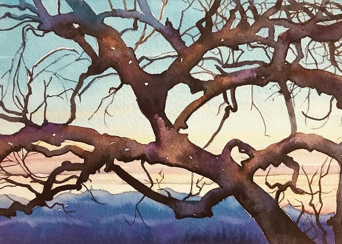 Santa Monica Greeting Card featuring the painting Burnt Oak Tree -Santa Monica Mountains by Luisa Millicent