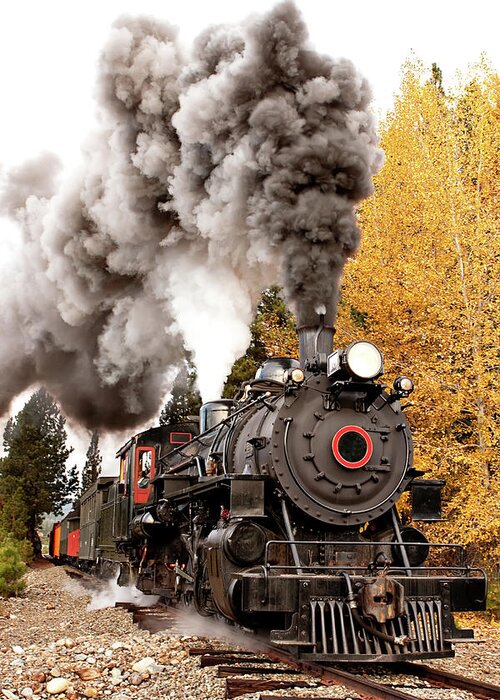 Air Pollution Greeting Card featuring the photograph Old Steam Engine And Autumn Trees by Photos By Sonja