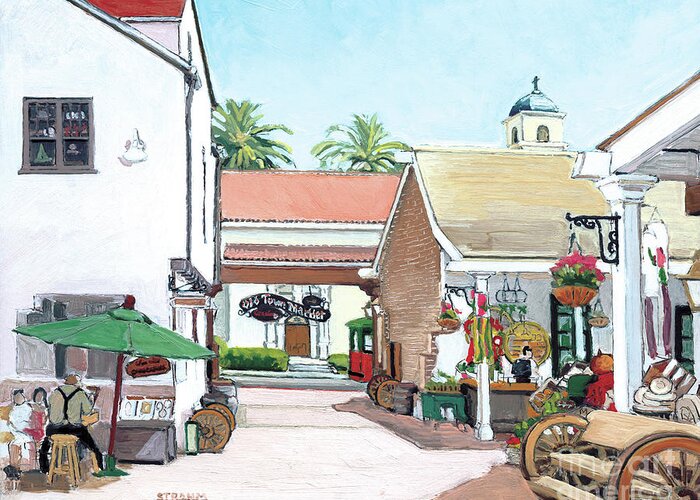 Old Town Market Greeting Card featuring the painting Caricature Artist in Old Town Market San Diego California by Paul Strahm