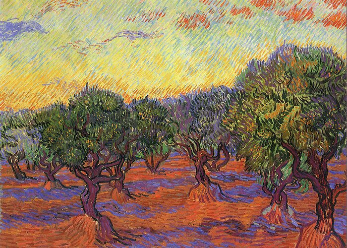 Vincent Van Gogh Greeting Card featuring the painting Olive Trees Orange Sky by Vincent van Gogh