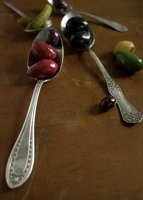 Spoon Greeting Card featuring the photograph Olives And Spoons by Melina Hammer