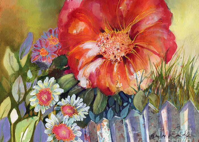 Flowers Greeting Card featuring the mixed media On the fence by Mary Lou McCambridge