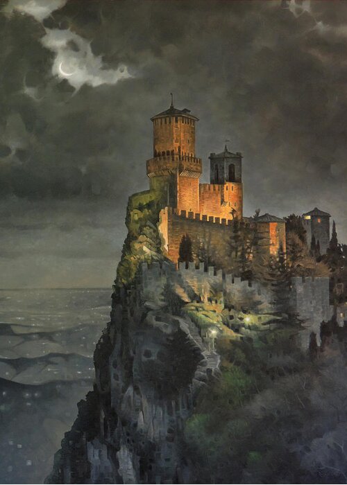 Castle Medieval Realism Oil Painting Fine Art Night Moon Ocean Shoreline Greeting Card featuring the painting Once Upon A Crescent Night by T S Carson