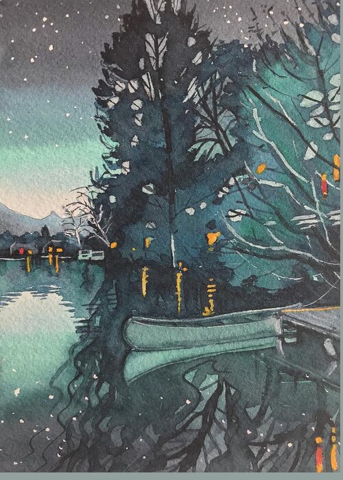 Watercolor Greeting Card featuring the painting Blue Evening Light at the Lake by Luisa Millicent