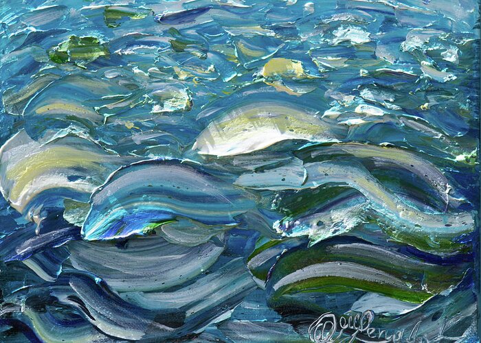 Impasto On Canvas Greeting Card featuring the painting Original Oil Painting with Palette knife on Canvas - Impressionist Roling Blue Sea Waves by OLena Art by Lena Owens - Vibrant Design and