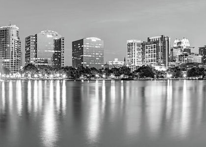 America Greeting Card featuring the photograph Orlando Skyline Panoramic From Lake Eola Park - Monochrome by Gregory Ballos