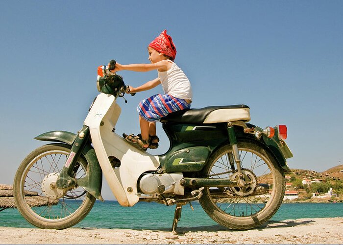 4-5 Years Greeting Card featuring the photograph Otzia Bay, Kid On A Motorcycle by Maremagnum