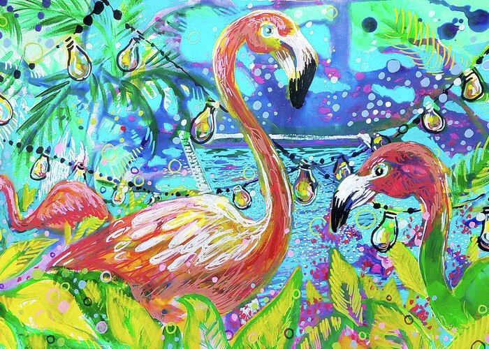 Flamingo Greeting Card featuring the painting Outdoor flamingo party by Tilly Strauss