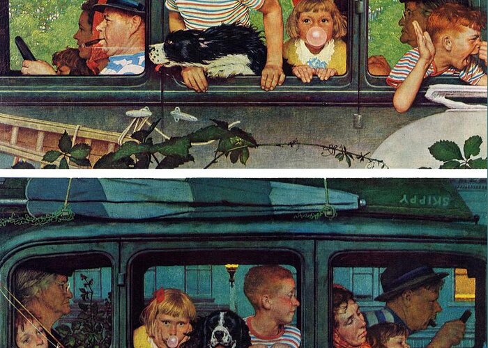 Automobiles Greeting Card featuring the painting outing Or coming And Going by Norman Rockwell
