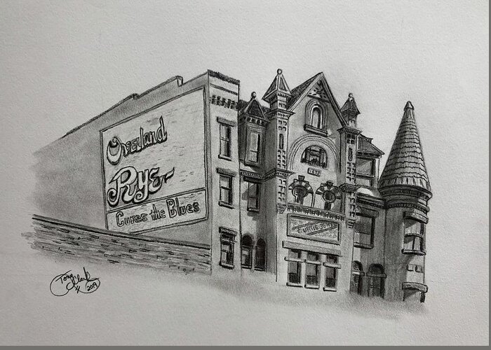 Butte Montana Greeting Card featuring the drawing Overland Rye Building by Tony Clark