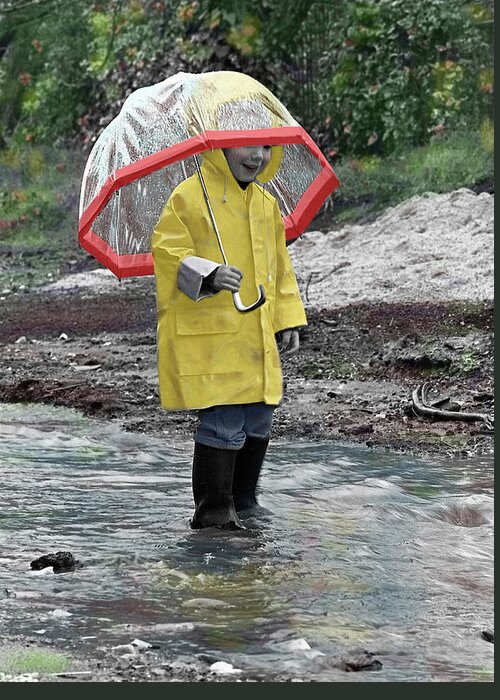 Child In Rain Gear With Umbrella Playing In Puddle. Greeting Card featuring the photograph P091-03 by Nora Hernandez