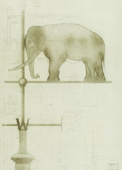 Elephant Greeting Card featuring the drawing Pachyderm House, Philadelphia Zoo, detail of weather vane by Paul Philippe Cret