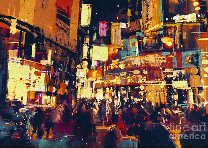 Shop Greeting Card featuring the digital art Painting Of City Life At Nightpeople by Tithi Luadthong