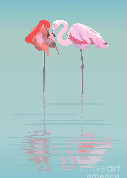 Feather Greeting Card featuring the digital art Pair Of Flamingos In The Pond by Viktoriya Pa