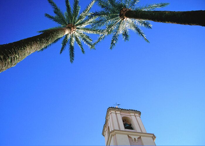 Outdoors Greeting Card featuring the photograph Palm Trees Framing Tower Of Iglesia De by Martin Llado