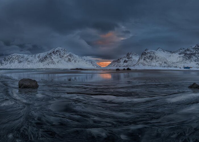 Panorama Greeting Card featuring the photograph Pano Skagsanden Lofoten Norway by Ronny Olsson