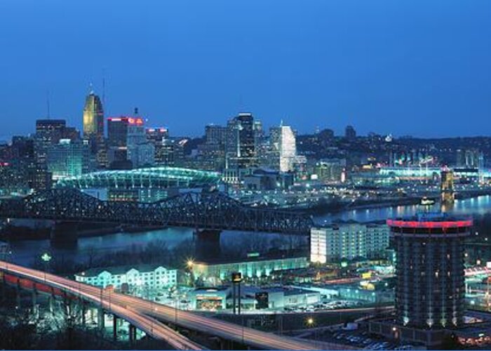 Scenics Greeting Card featuring the photograph Panoramic Night Shot Of Cincinnati by Visionsofamerica/joe Sohm