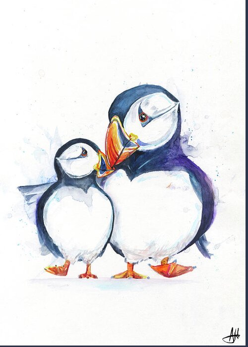 Parading Puffins (signed) Greeting Card featuring the painting Parading Puffins (signed) by Marc Allante