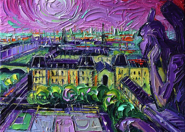 Paris Gargoyle Greeting Card featuring the painting PARIS VIEW WITH GARGOYLES Diptych oil painting right panel by Mona Edulesco