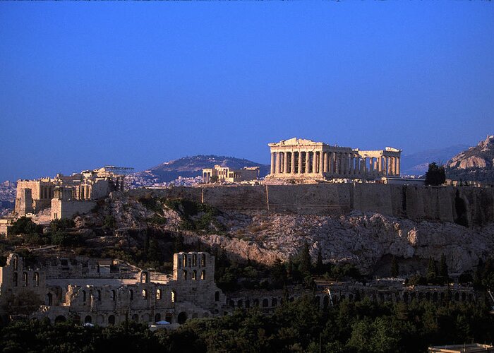 Scenics Greeting Card featuring the photograph Parthenon From Filopapou At Dusk by Walter Bibikow
