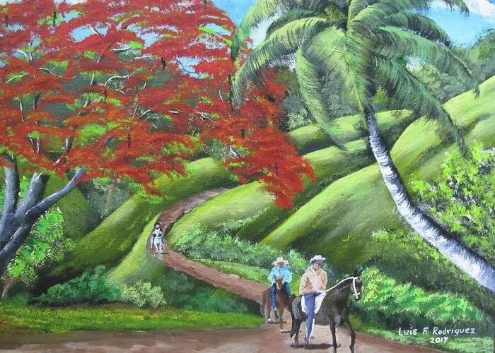 Poinciana Tree Greeting Card featuring the painting Paseo A Caballo by Luis F Rodriguez