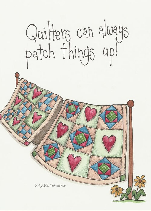 Two Quilts Greeting Card featuring the painting Patch Things Up by Debbie Mcmaster