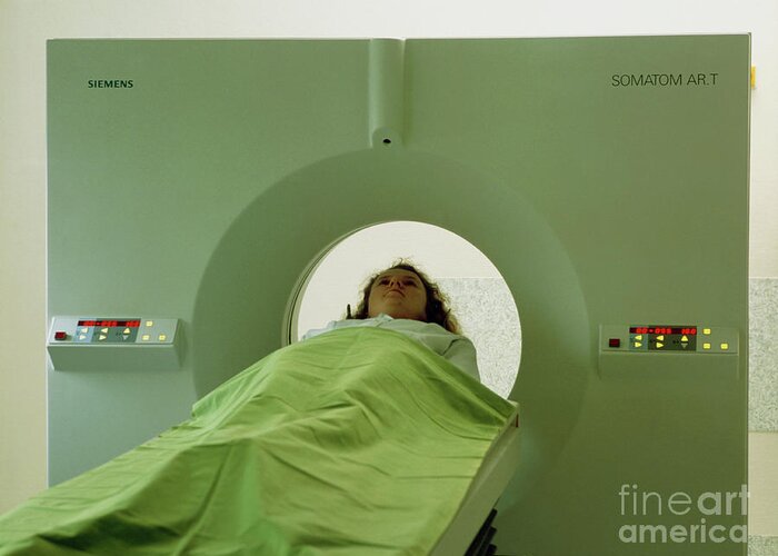 Ct Scanner Greeting Card featuring the photograph Patient Passes Into A Ct Scanner by Maximilian Stock Ltd/science Photo Library