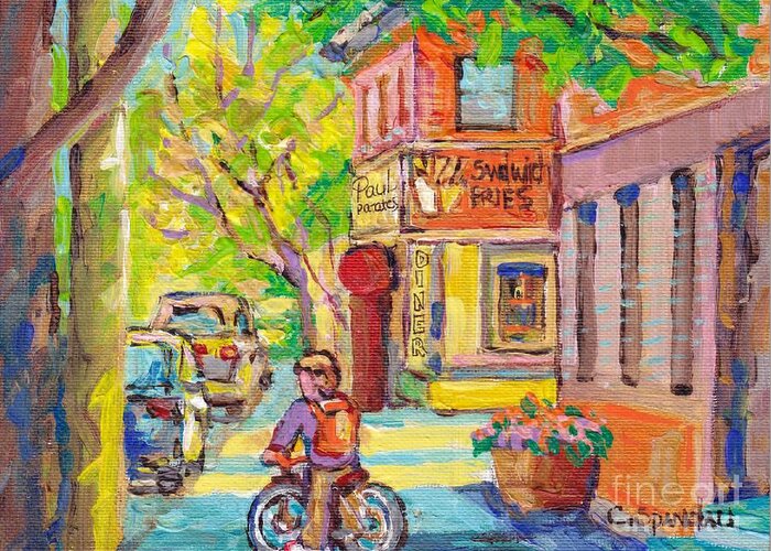  Greeting Card featuring the painting Paul Patate Diner Rue Coleraine And Charlevoix Pointe St Charles Montreal Paintings C Spandau Artist by Carole Spandau