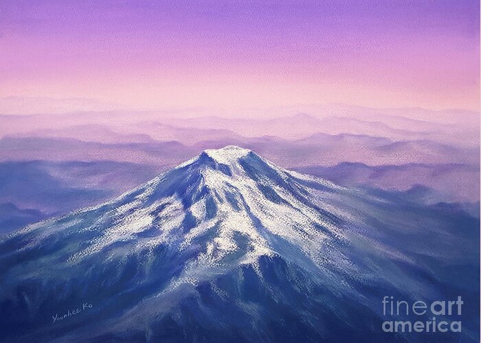 Mount Rainier Greeting Card featuring the painting Peace on Earth - Mount Rainier by Yoonhee Ko