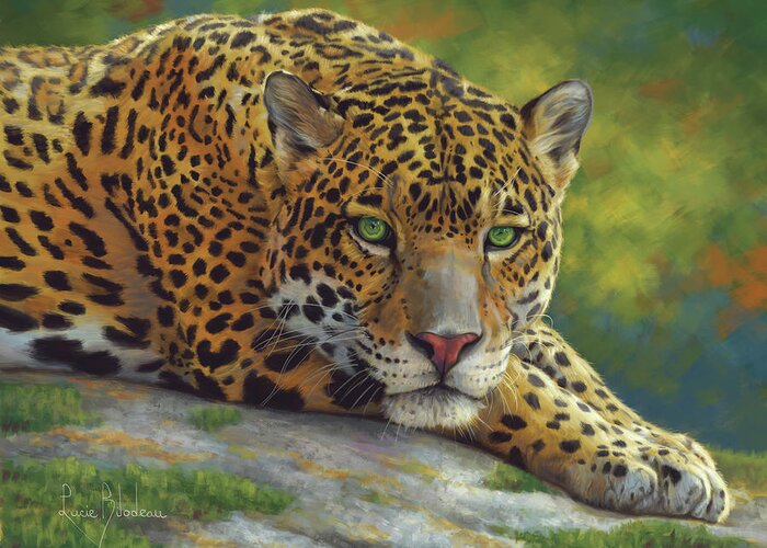 Jaguar Greeting Card featuring the painting Peaceful Jaguar by Lucie Bilodeau