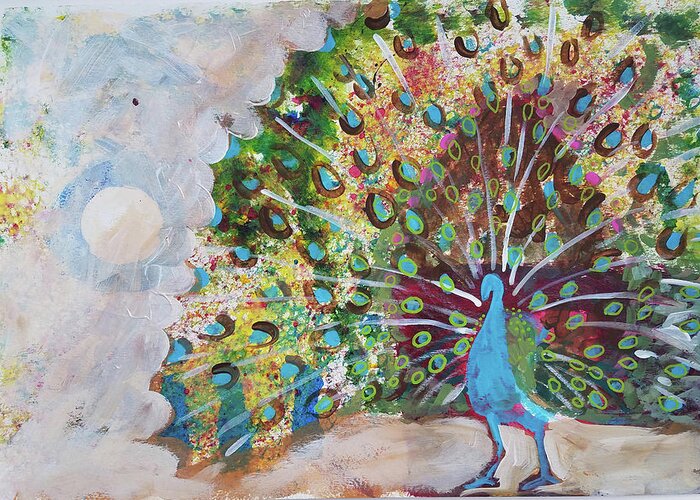 Peacock Greeting Card featuring the painting Peacock in Morning Mist by Tilly Strauss