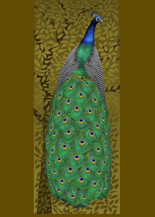 Peacock In Tree Greeting Card featuring the painting Peacock in Tree, Raw Umber, Tall by David Arrigoni