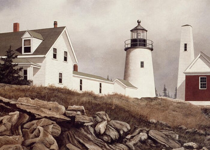 A White House With Lighthouse At Right On Rocky Hill Greeting Card featuring the painting Pemaquid Point by David Knowlton