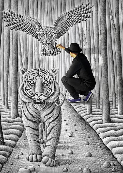 Pencil Vs Camera 74 - Making Of Owl And Tiger Greeting Card featuring the photograph Pencil Vs Camera 74 - Making Of Owl And Tiger by Ben Heine