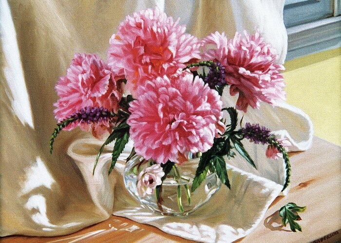 Pink Peonies In A Clear Vase Sitting On Top Of A Drape By A Window Greeting Card featuring the painting Peonies (small) by Robin Anderson