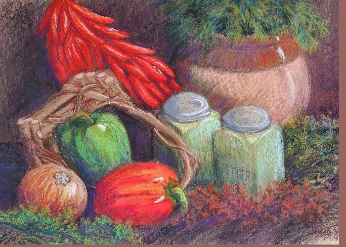 Still Life Greeting Card featuring the pastel Peppers, Etc. by Candy Mayer