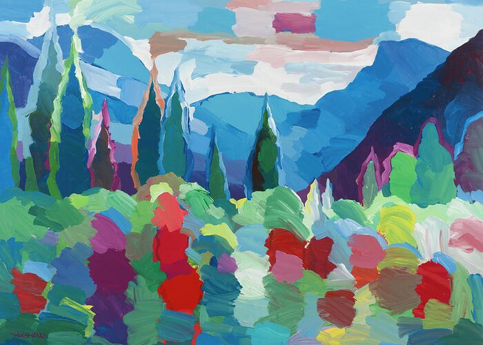 Petals And Peaks Greeting Card featuring the painting Petals And Peaks by Hooshang Khorasani