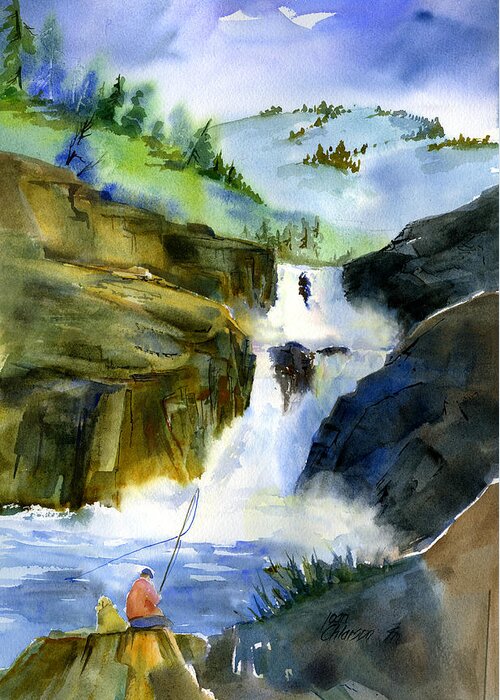 American River Greeting Card featuring the painting Petroglyph Falls Fishing by Joan Chlarson