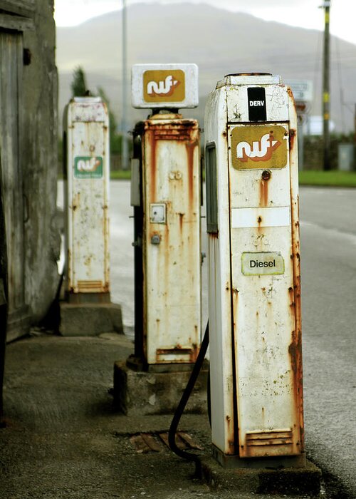 Weathered Greeting Card featuring the photograph Petrol Gas Pumps, Caernarfon by Dangerous disco