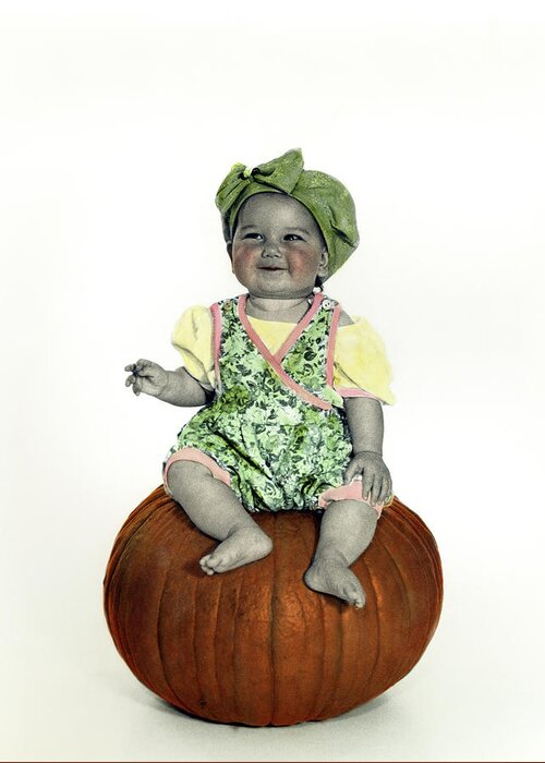 Toddler Sitting On A Large Pumpkin. Greeting Card featuring the photograph Pg459-~1 by Nora Hernandez