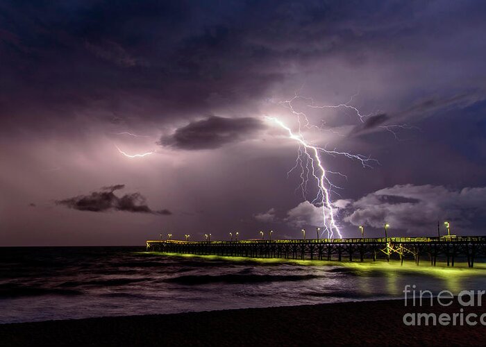 Surf City Greeting Card featuring the photograph Pier Lightning by DJA Images