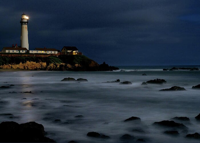 Tranquility Greeting Card featuring the photograph Pigeon Point Lighthouse At Night by Mitch Diamond