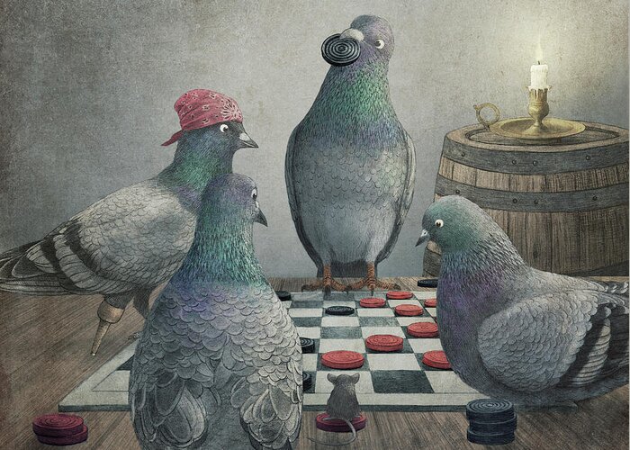Pigeons Greeting Card featuring the drawing Pigeons Playing Checkers by Eric Fan