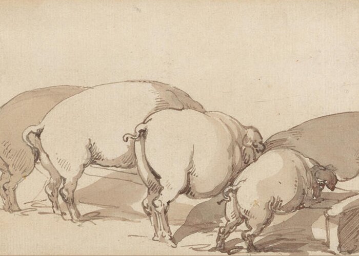 19th Century Art Greeting Card featuring the drawing Pigs at a Trough by Thomas Rowlandson