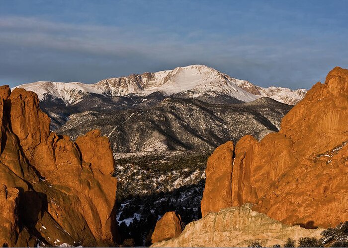 Tranquility Greeting Card featuring the photograph Pikes Peak At Garden Of The Gods In by Ronda Kimbrow Photography