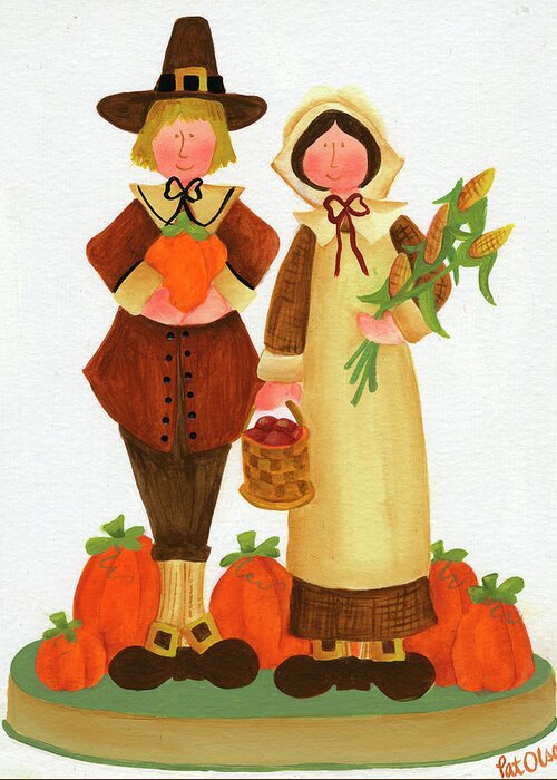 Pilgrims With Pumpkins Greeting Card featuring the painting Pilgrims With Pumpkins by Pat Olson Fine Art And Whimsy