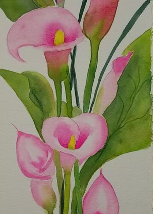 Bouquet Of Lillies Greeting Card featuring the painting Pink Calla Lillies by Ann Frederick